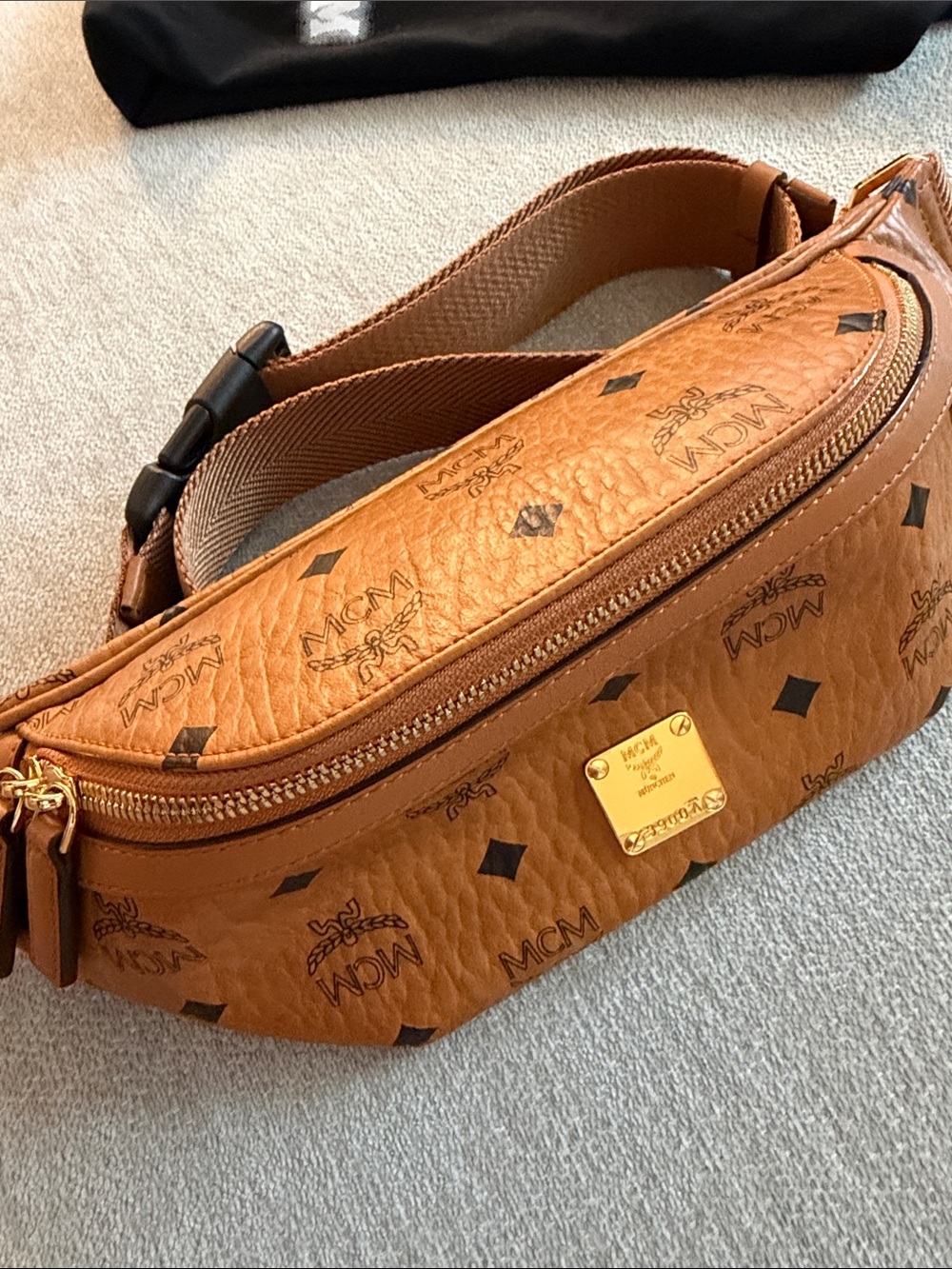 MCM Cognac Logo Visetos Leather Belt Bag with Gold Plate